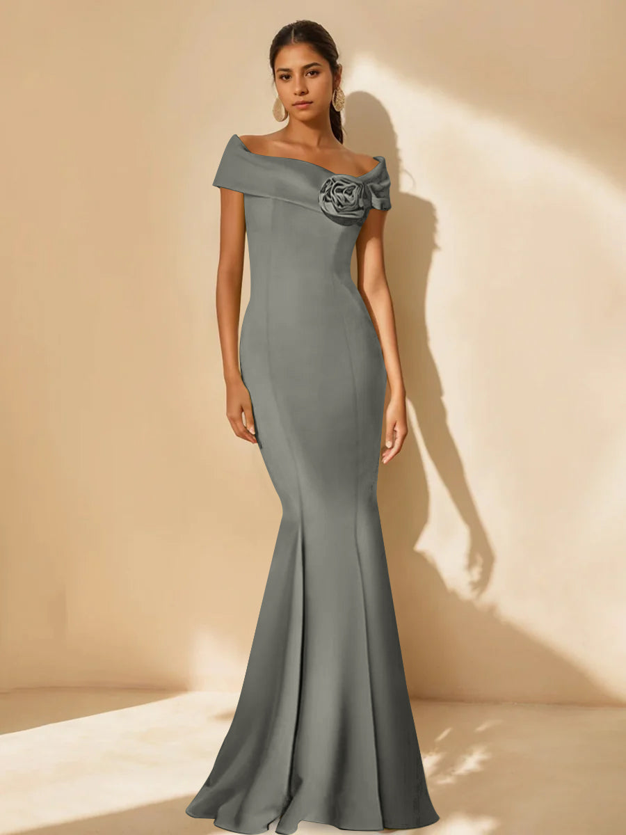 Minimalist Off the Shoulder Mother of the Bride Dress in Trumpet Mermaid Style with Detachable Flower