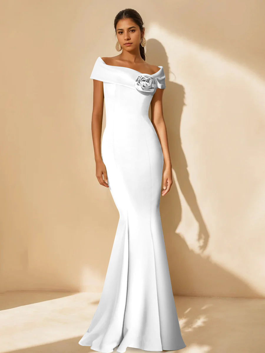 Minimalist Off the Shoulder Mother of the Bride Dress in Trumpet Mermaid Style with Detachable Flower