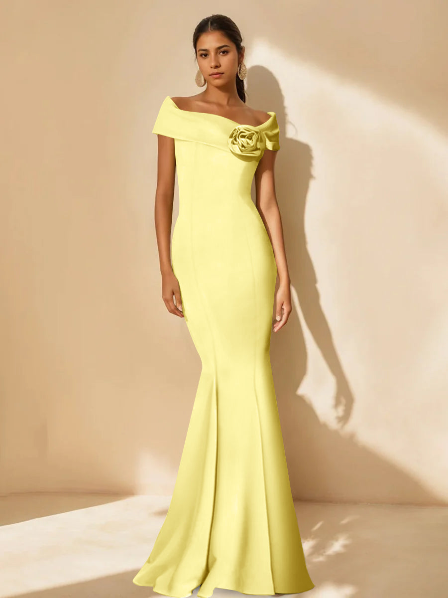 Minimalist Off the Shoulder Mother of the Bride Dress in Trumpet Mermaid Style with Detachable Flower