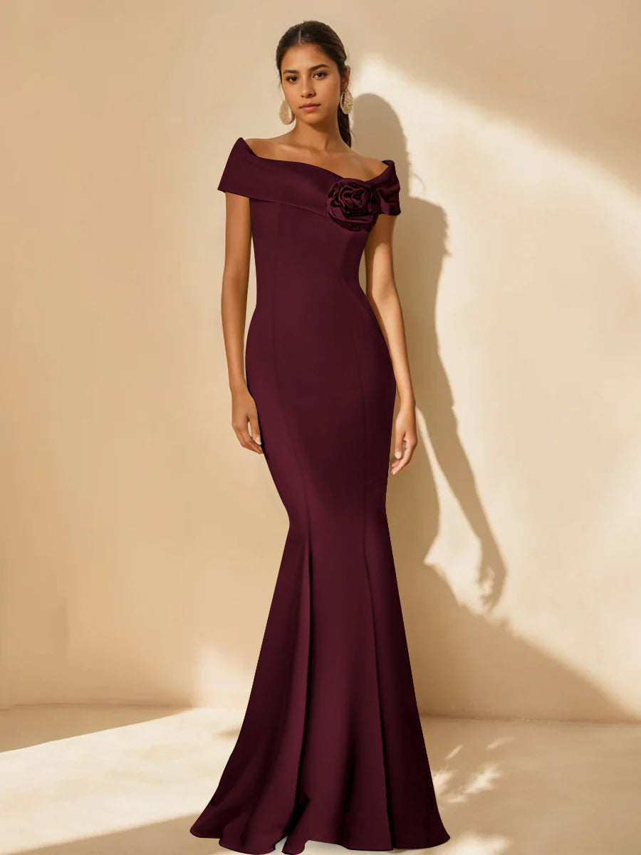 Minimalist Off the Shoulder Mother of the Bride Dress in Trumpet Mermaid Style with Detachable Flower