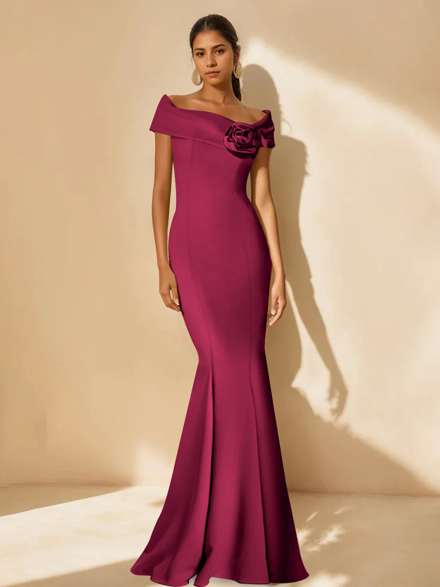 Minimalist Off the Shoulder Mother of the Bride Dress in Trumpet Mermaid Style with Detachable Flower