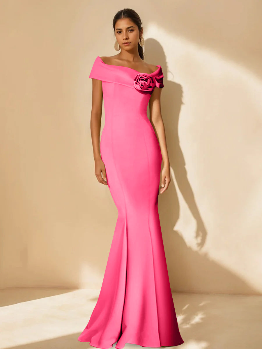 Minimalist Off the Shoulder Mother of the Bride Dress in Trumpet Mermaid Style with Detachable Flower