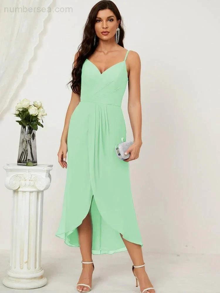 ZapDress Spaghetti Chiffon V Neck Bridesmaid Dress Mid-Length Slit Formal Prom Dress Homecoming Dress 2803 (ZD16952)
