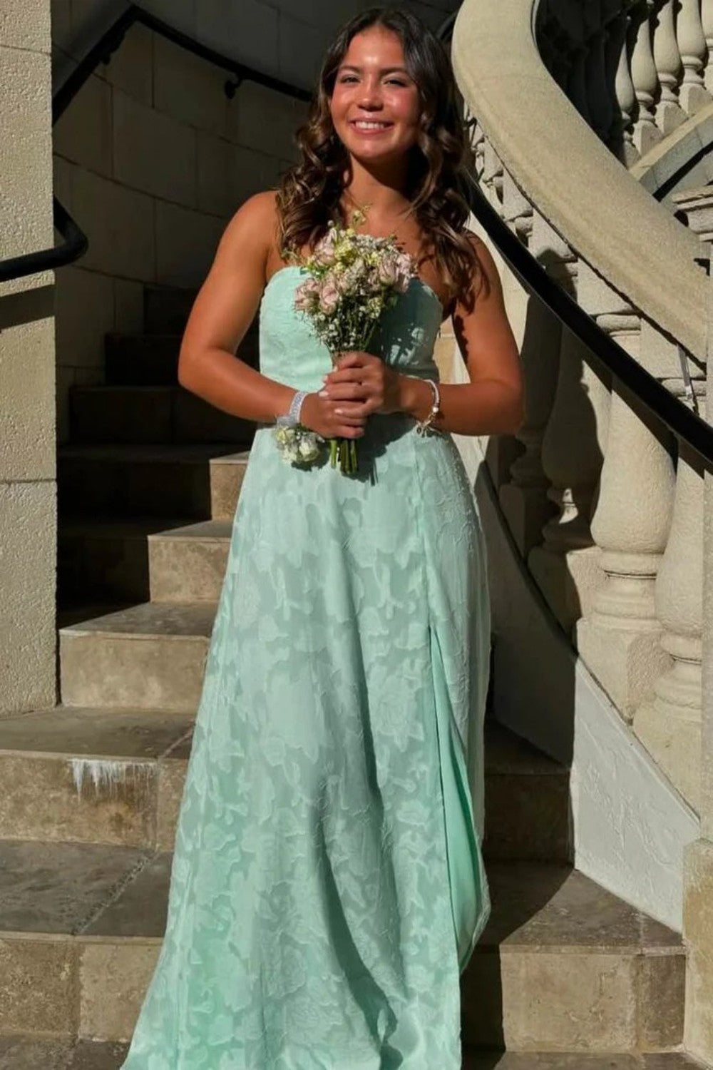 Beautiful A Line Sweetheart Mint Green Long Prom Dress with Split Front - View 3 | VelvetHem