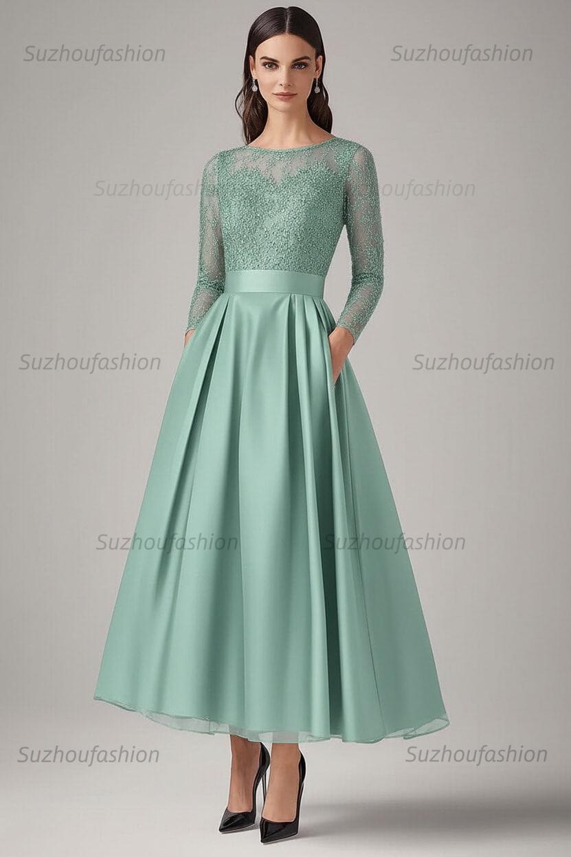 Navy Wedding Guest Dress Beaded A Line Long Sleeves Formal Dress With Lace