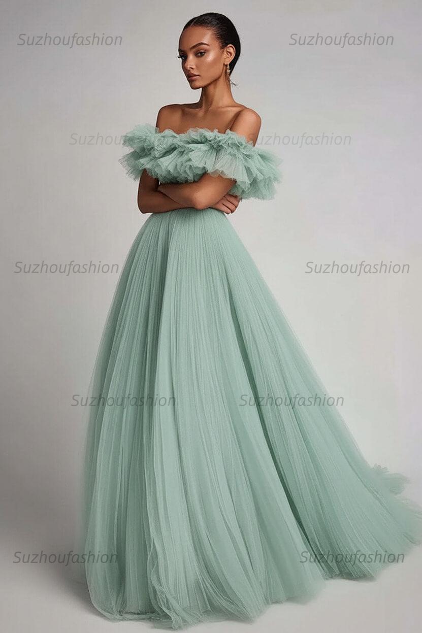 Dusty Sage Prom Dress Tulle A Line Long Formal Dress With Ruffles