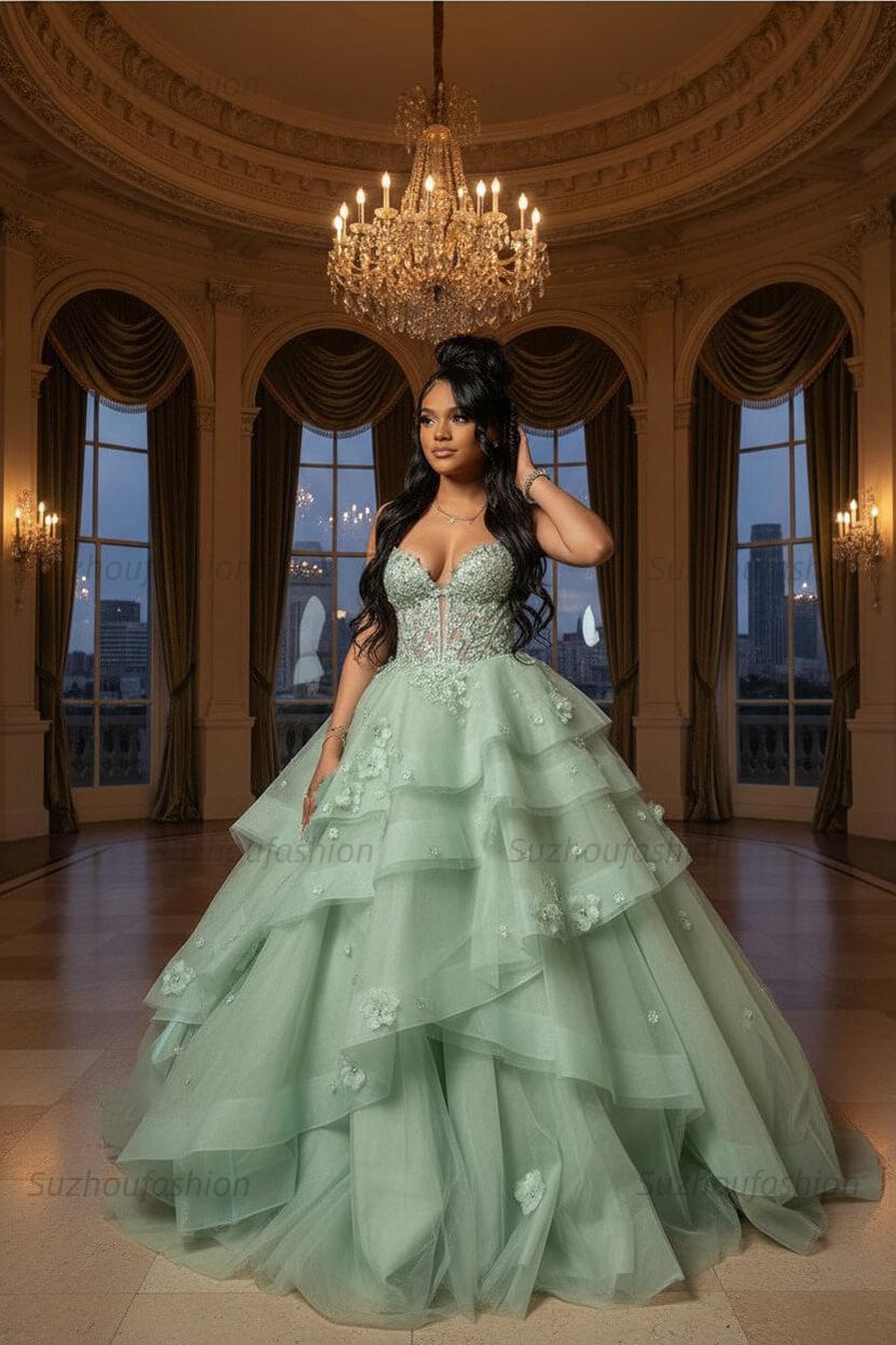 Sage Prom Dress Floral Tiered Ruffles A-Line Sweetheart Corset Long Formal Dress