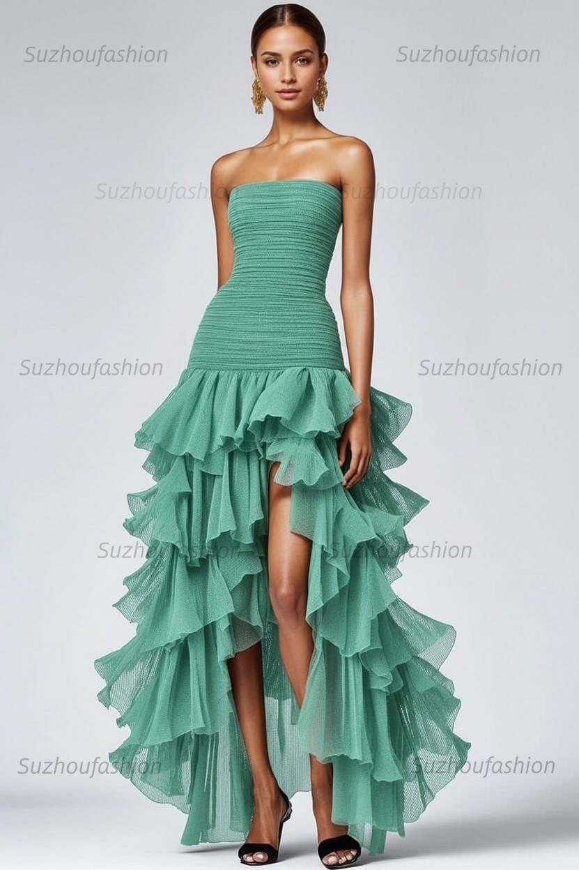 Black Wedding Guest Dress Strapless Tulle Long Ruffled Formal Dress With Slit