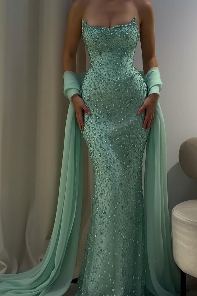 Strapless Sleeveless Long Mermaid Evening Formal Dress With Beading