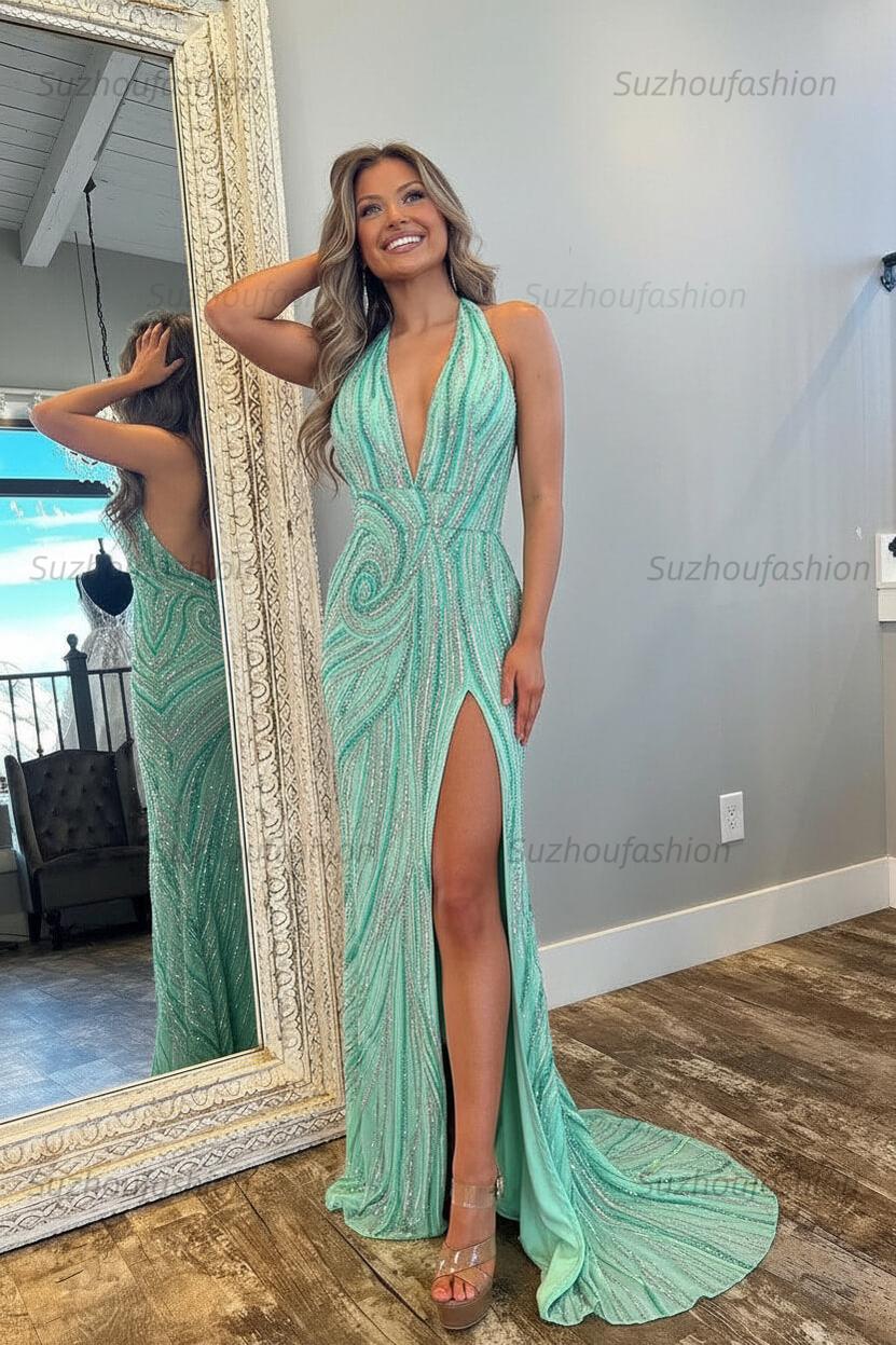Halter Prom Dress Pink and Orange Mermaid Evening Dress with Slit
