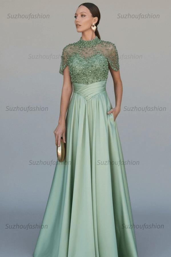High Neck Short Sleeves Long Evening Formal Dress With Beading Pockets