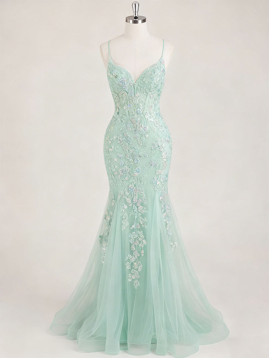 Mint Green V-Neck Mermaid Prom Dress with Floral Sequin Appliqu� - VelvetHem