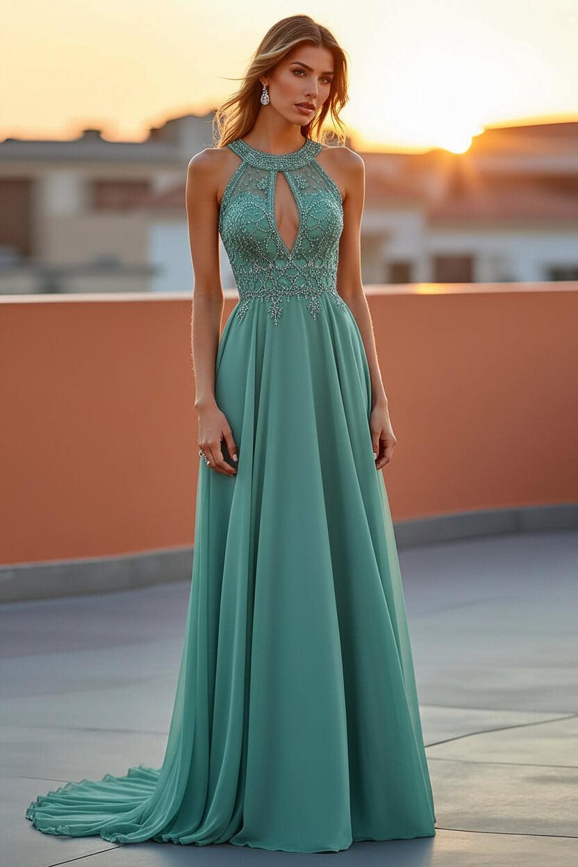 Beaded Navy Wedding Guest Dress Halter Long Formal Dress With Embroideries