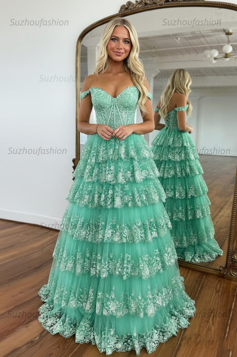 Glitter Hot Pink Corset Off the Shoulder Lace Long Prom Dress
