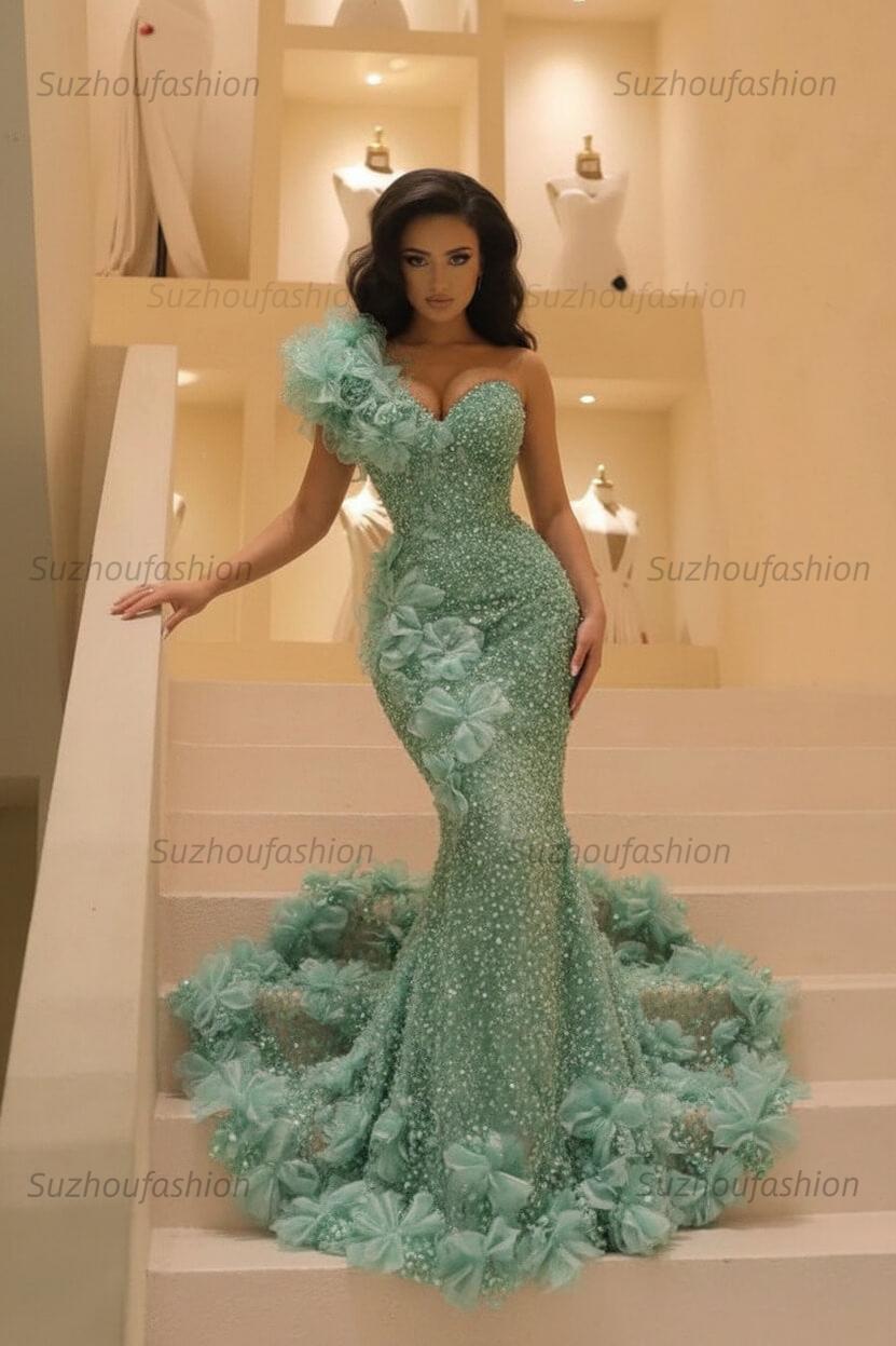 Burgundy One Shoulder Prom Dress Mermaid Sequined Formal Evening Dress with 3D Flowers