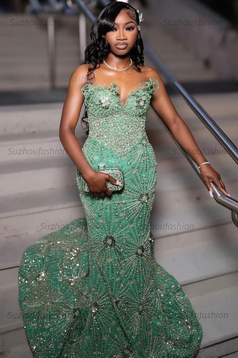 Green Prom Dress Sleeveless Formal Evening Gown with Rhinestones and Beadings
