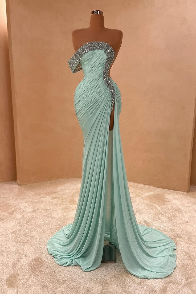 One Shoulder Sleeveless Long Split Evening Formal Dress With Pleated Sequined