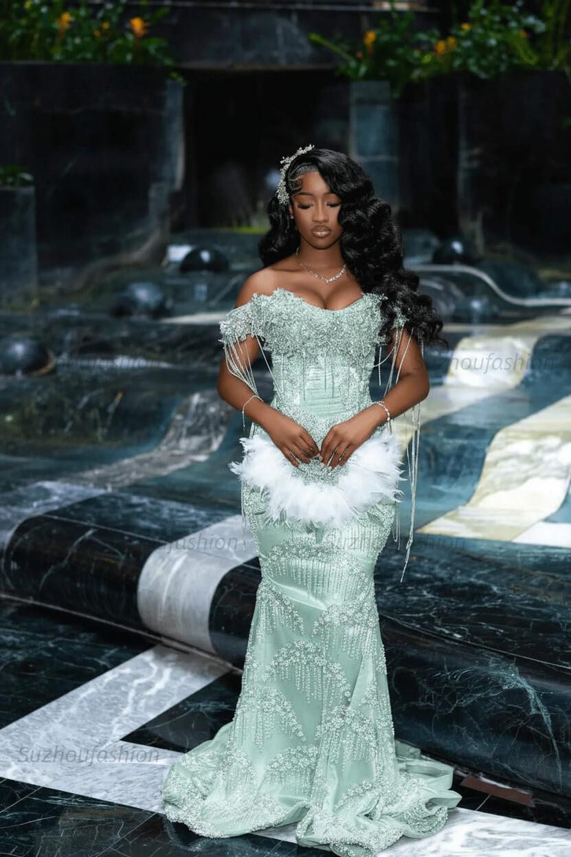 Off the Shoulder Prom Dress Mermaid Formal Evening Dress with Beadings and Rhinestones