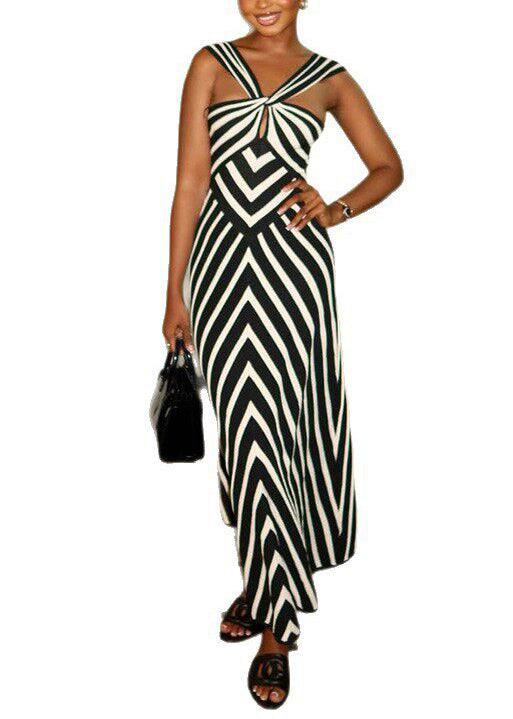Modern Black Backless Striped Cotton Dresses Summer