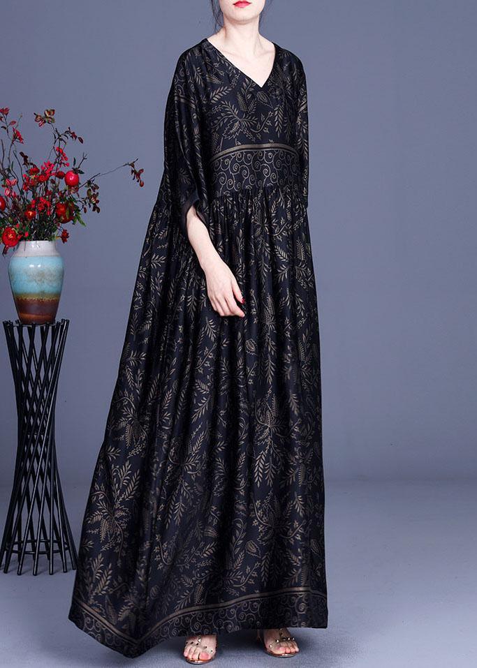 Modern Black Print Silk V Neck Dresses Summer