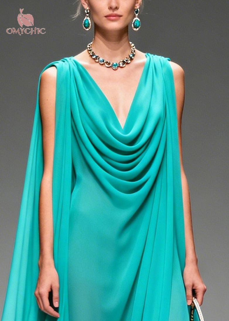 Modern Blue Oversized Wrinkled Flower Chiffon Long Dress Summer