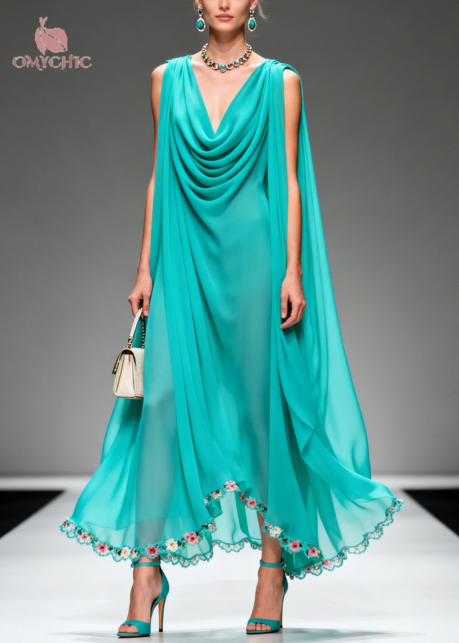 Modern Blue Oversized Wrinkled Flower Chiffon Long Dress Summer