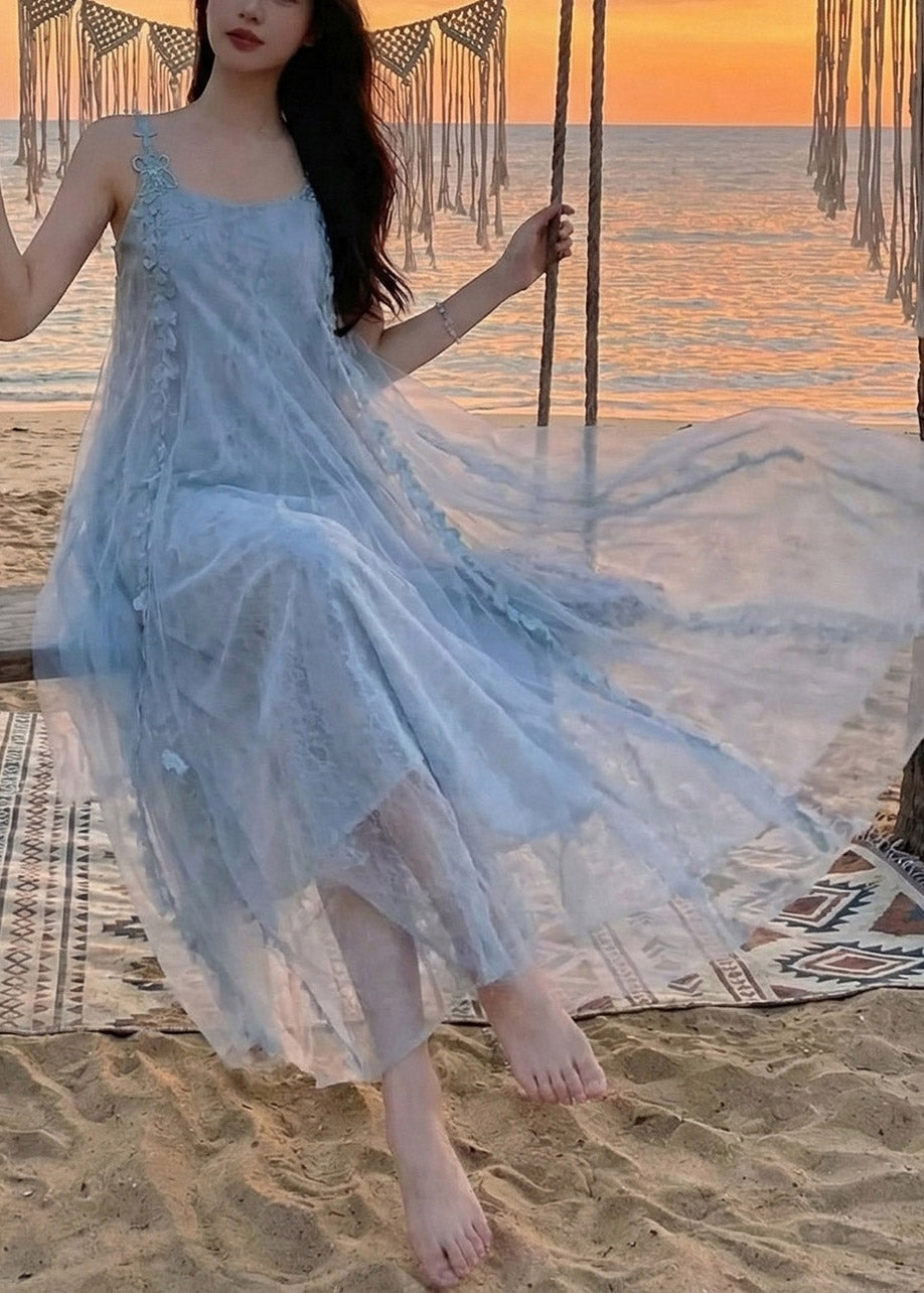 Modern Blue Patchwork Floral Butterfly Holiday Tulle Long Dress Summer