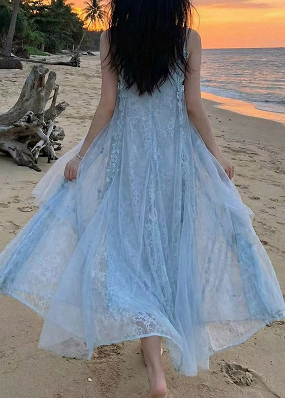 Modern Blue Patchwork Floral Butterfly Holiday Tulle Long Dress Summer