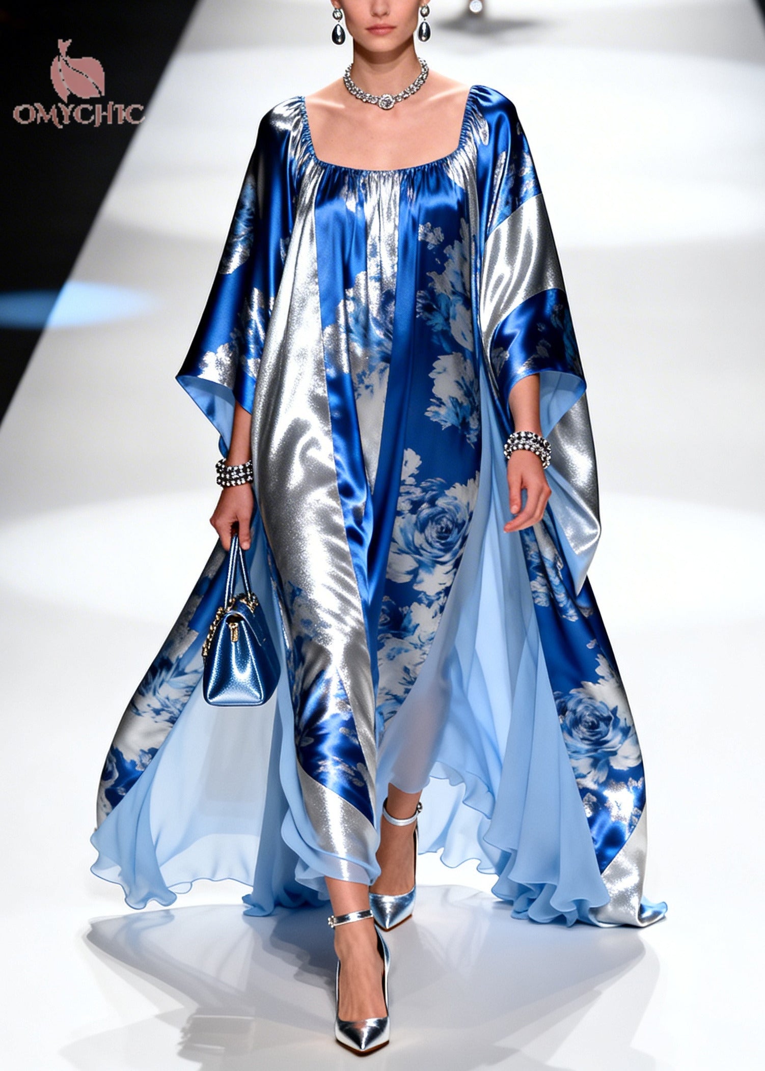 Modern Blue Square Collar Print Chiffon Party Dress Summer