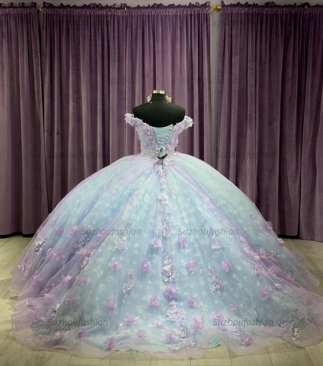 Modern & Chic Ball Gown Off Shoulder V Neck 3D Flower Applique Princess Birthday Evening Party Gown Quinceanera Dress For Sweet 16