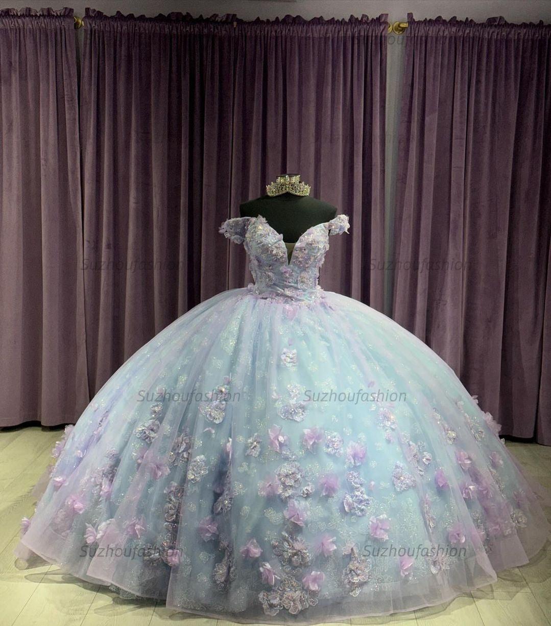 Modern & Chic Ball Gown Off Shoulder V Neck 3D Flower Applique Princess Birthday Evening Party Gown Quinceanera Dress For Sweet 16