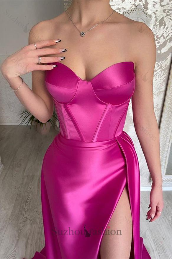 Modern Fuchsia Sweetheart Long Evening Prom Dresses Split With Ruffles