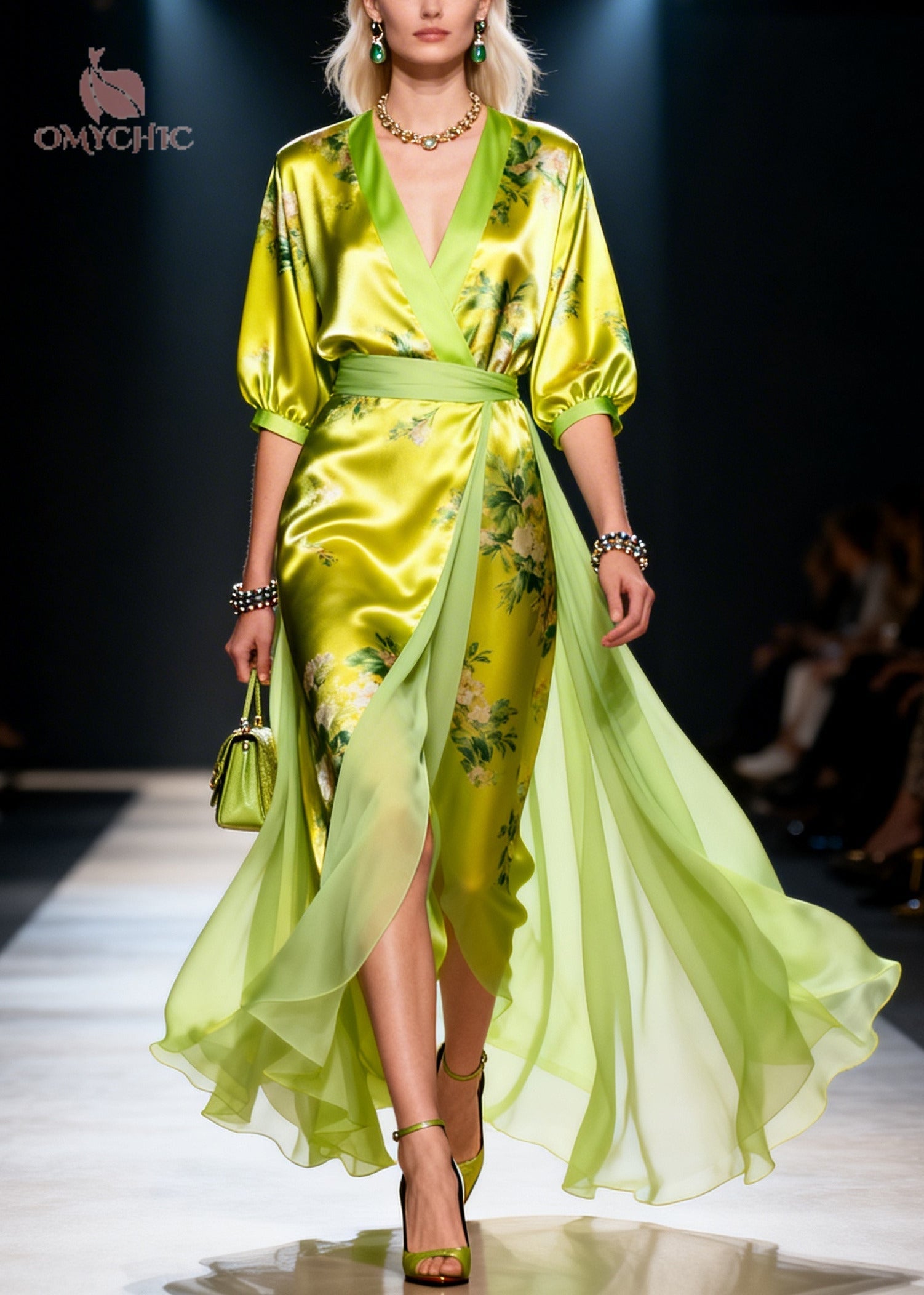 Modern Green Print Patchwork Exra Large Hem Silk Dress Summer