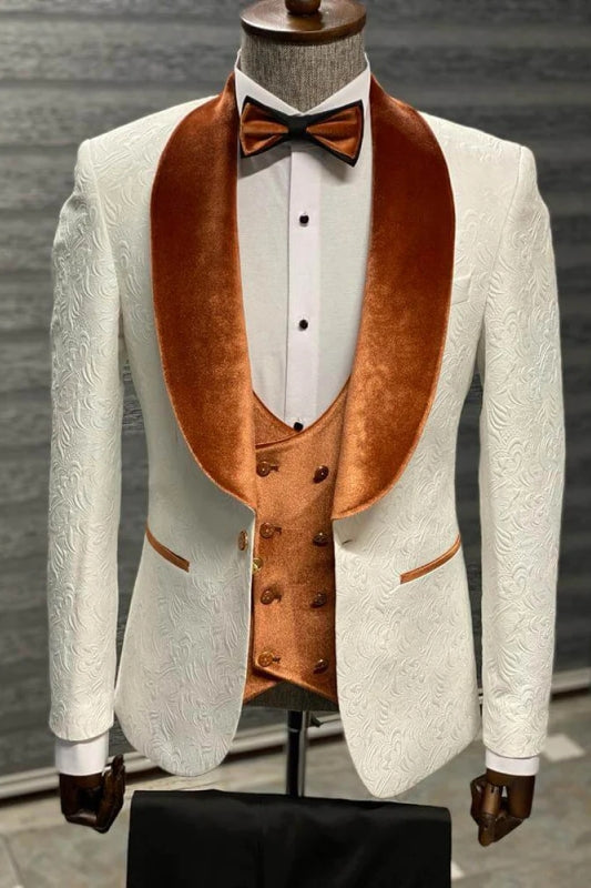Modern Light Brown Velvet Shawl Lapel 3 Piece Jacquard Wedding Suit