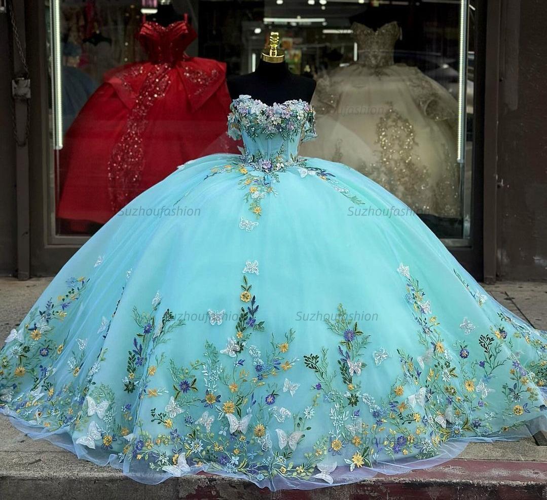 Modern & Luxury Ball Gown Off Shoulder 3D Butterfly Flowers Appliques Lake Blue Tulle Princess Quinceanera Dress Evening Party Gown For Sweet 16