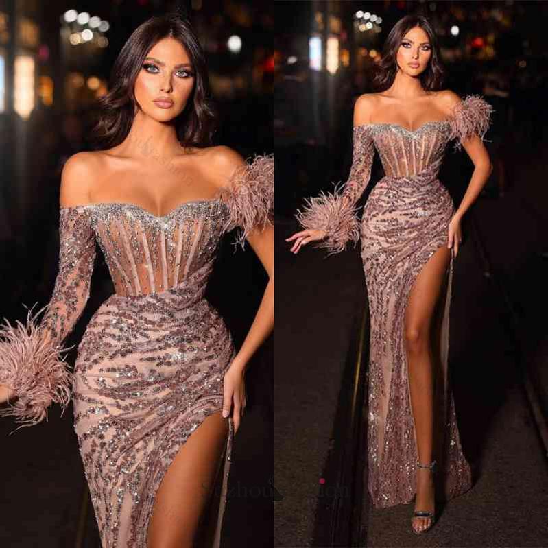 Modern Off-the-Shoulder Sequins Evening Prom Dresses Dusty Pink Mermaid With Feather