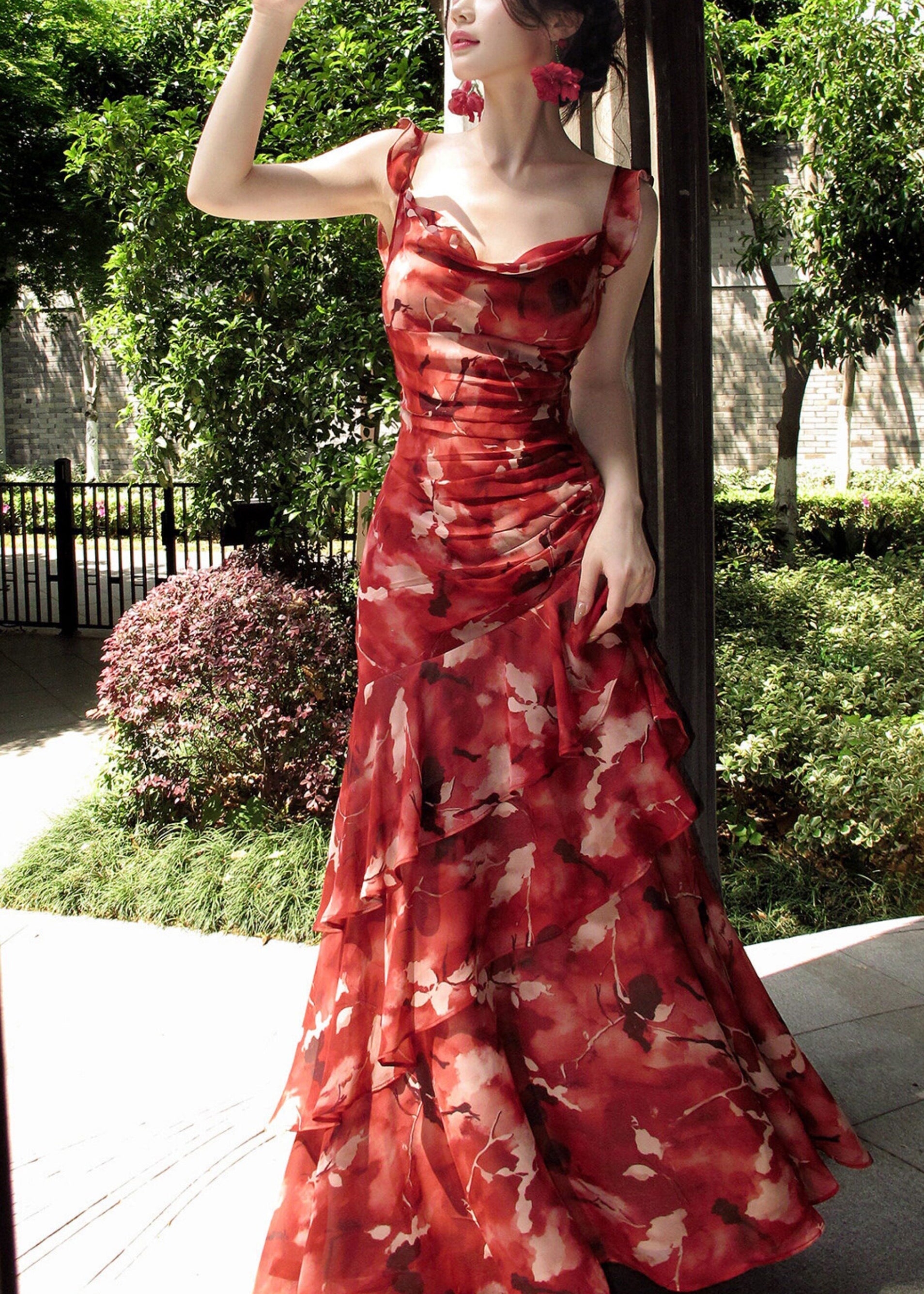 Modern Red Ruffled Print Long Spaghetti Strap Dress Summer