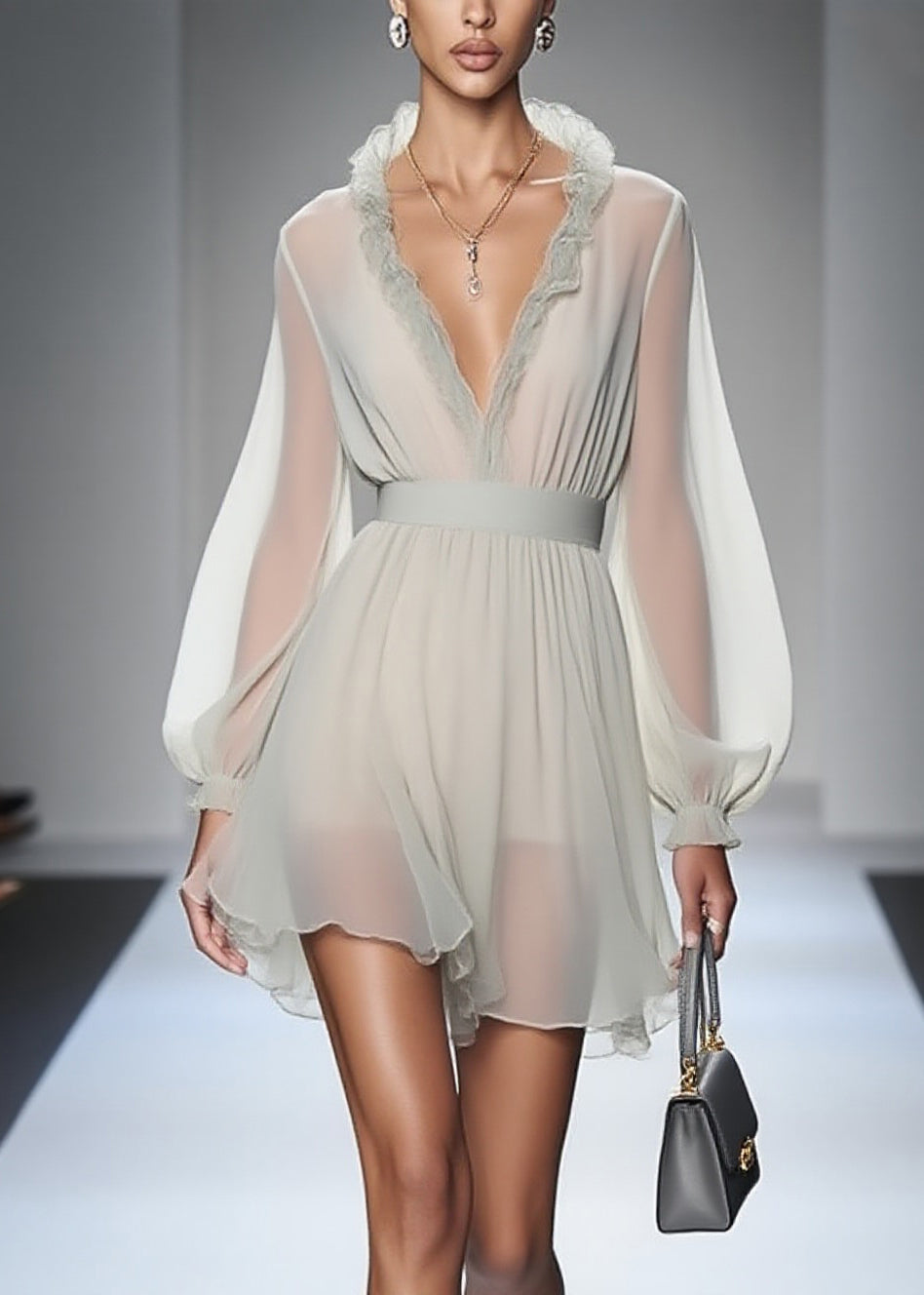Modern Ruffled Patchwork Solid Chiffon Mid Dress Lantern Sleeve