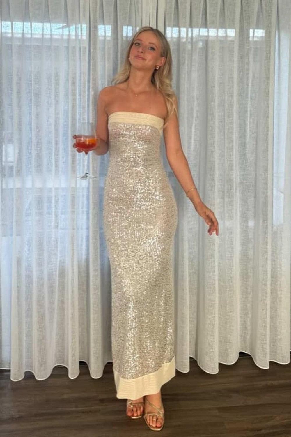 Suzhoufashion Modern Sequin Strapless Prom Gown With Minimalist Design And Glamorous Finish Formal Evening Gown