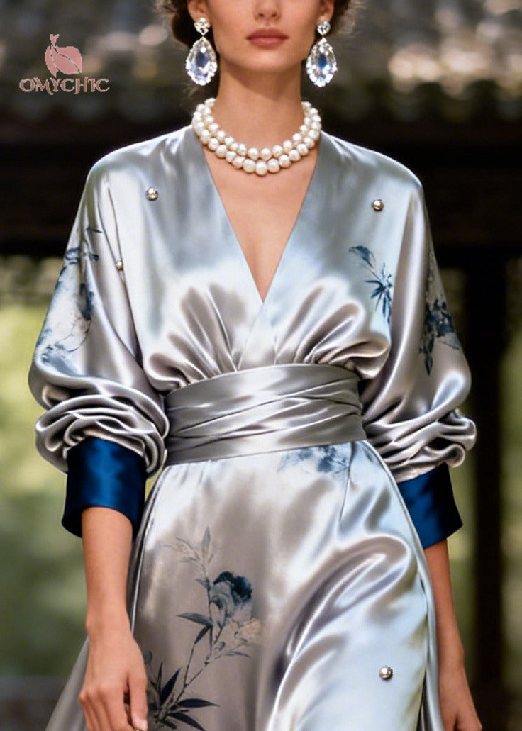 Modern Silvery Print Exra Large Hem Nail Bead Silk Party Dress Fall