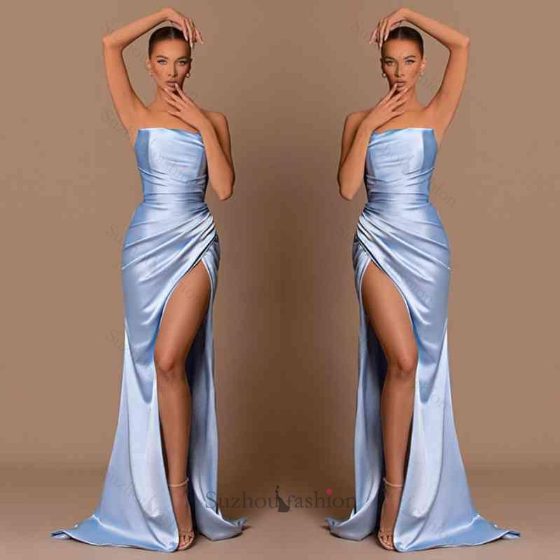 Modern Sky Blue Strapless Mermaid Evening Prom Dresses Slit Long Online