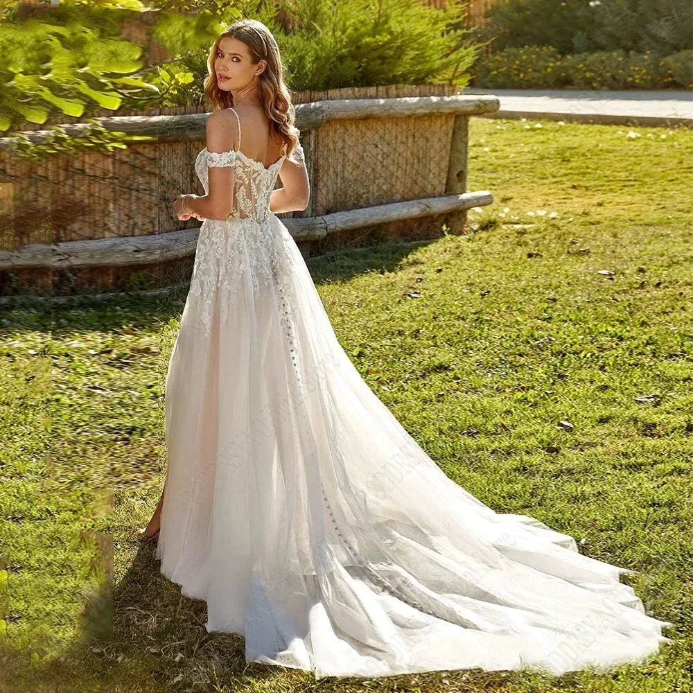 Modern Spaghetti Straps Wedding Dress A-Line New 2023 Civil Bride Bride A-Line Tulle Sweep Train Vestidos De Novia (ZD13309)
