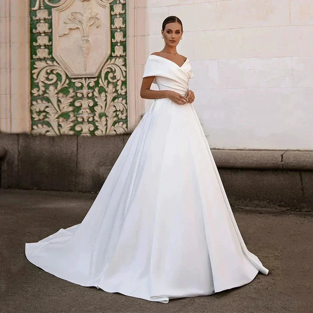 Modern V Neck Wedding Dresses A Line Sexy Lace Up Backless Ball Gowns Sweep Train Woman's Formal Beach Party Vestidos De Novia (ZD13515) - VelvetHem