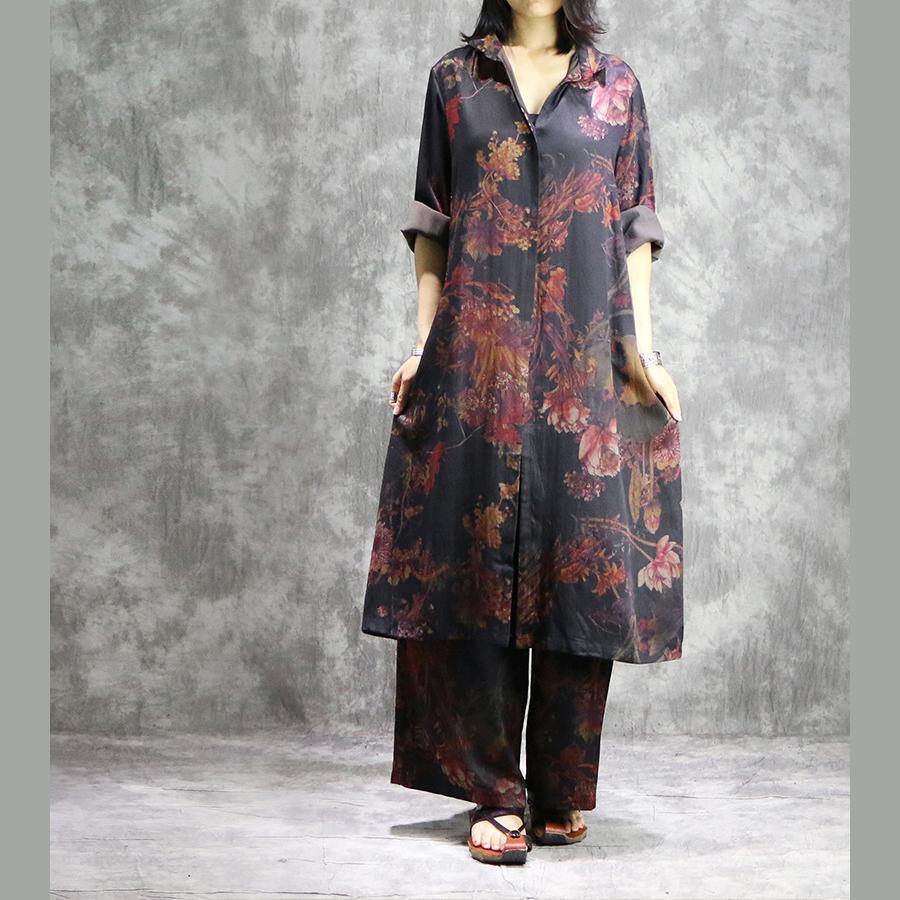 Modern and wide leg pants silk dresses black prints Maxi Dresses two pieces summer