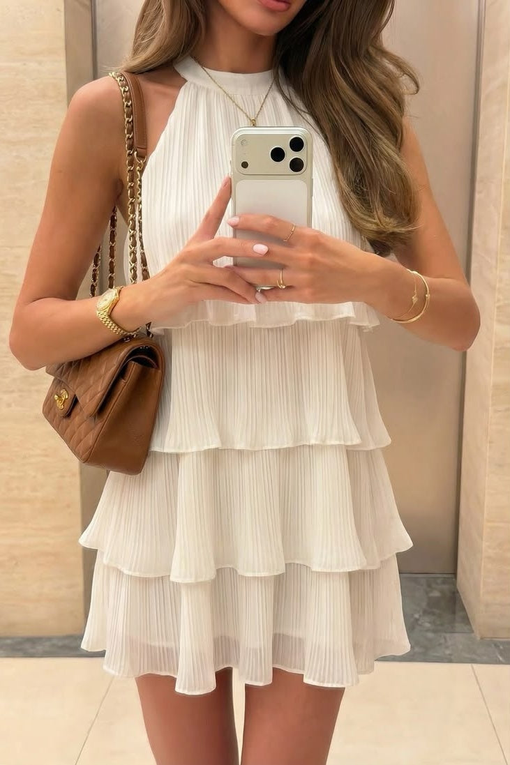 Modern A Line Halter Neck White Short Homecoming Dress with Ruffles