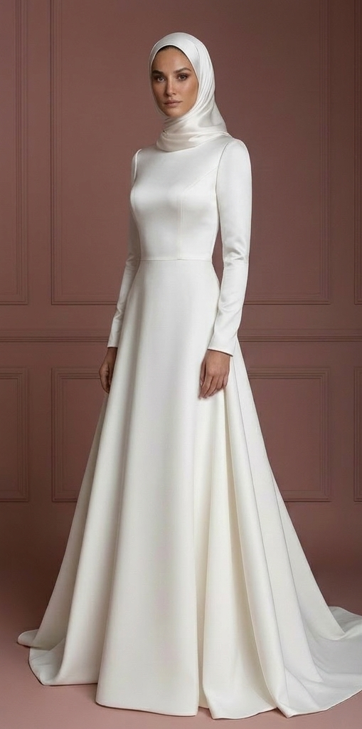 Modern Hijab Bridal Wedding Dress Clean Elegant Modest Style Muslim