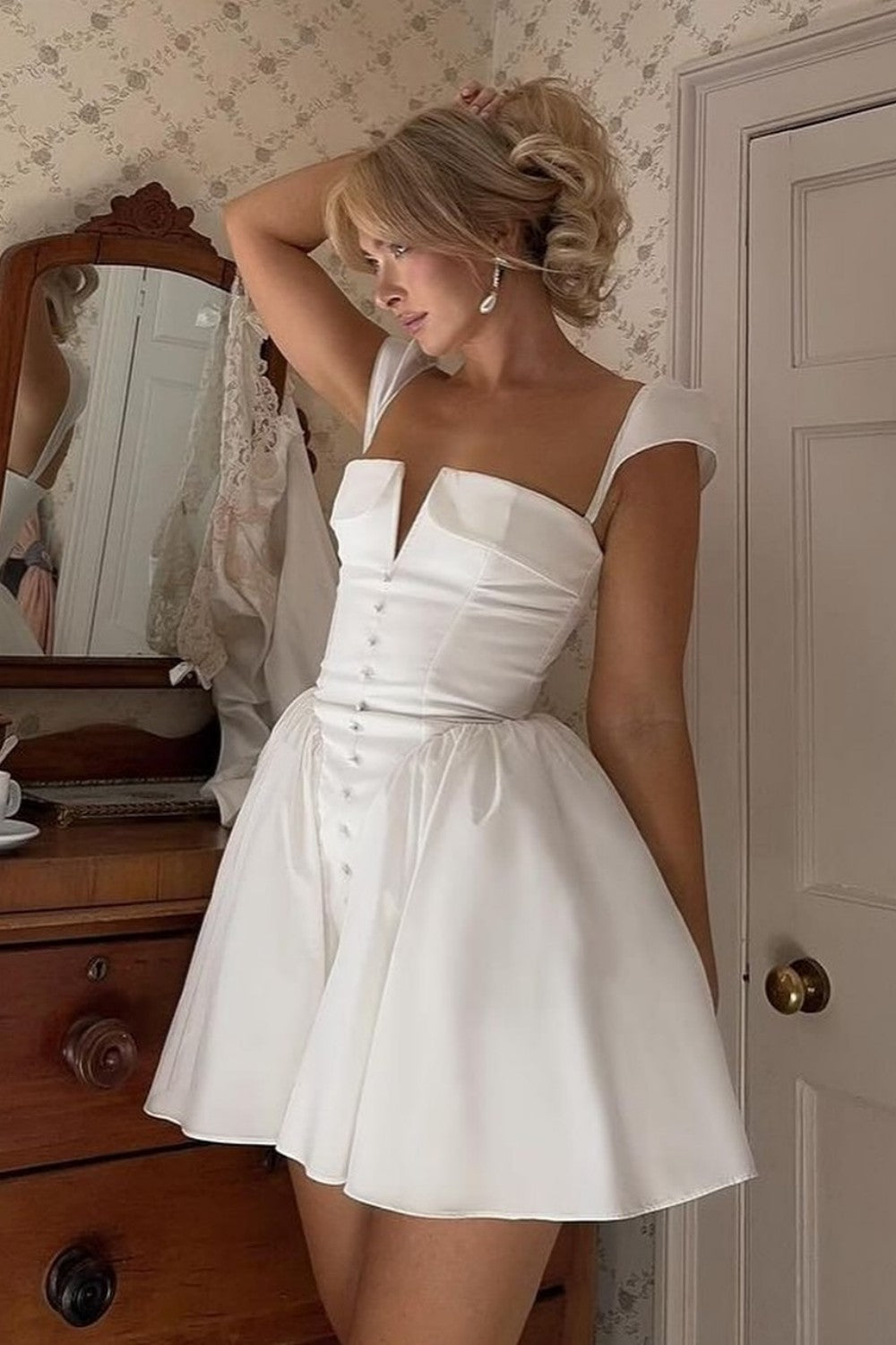 Modern White Fit and Flare Homecoming Dress with Deep V Corset Bodice