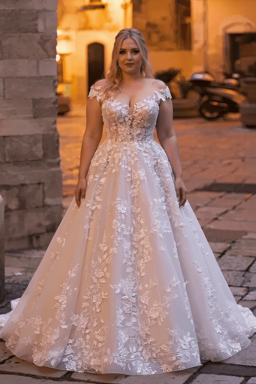 Modest Aline Wedding Dress Cap Sleeves Floral Tulle Lace Floor Length Bridal Dress