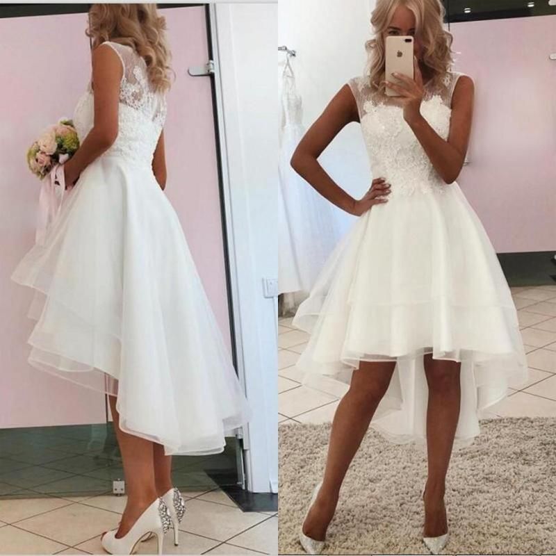 Modest Sleeveless White Lace Tulle Hi-Lo Beach Wedding Dress