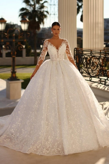 Modest Sweetheart 3/4 Length Sleeves Ball Gown Lace Bridal Dress Rhinestones
